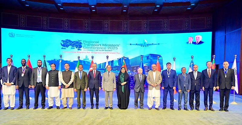 Prime Minister Muhammad Shehbaz Sharif in a group photo with world leaders at the Regional Transport Ministers' Conference