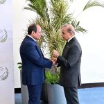Egyptian President Abdel Fattah El-Sisi receiving Prime Minister Muhammad Shehbaz Sharif upon his arrival to attend Sharm El Sheikh Peace Summit
