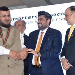 Governor Sindh Kamran Khan Tessori presenting Gold medal to Famous Businessman Aqeel Karim Dhedhi during the awards ceremony of the Rice Exporters Association of Pakistan (REAP) at local hotel