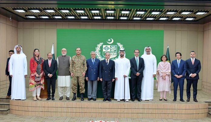 Prime Minister Muhammad Shehbaz Sharif, Federal Ministers and Field Marshal Syed Asim Munir Chief of Army Staff witnessing the signing ceremony of the agreement regarding privatization of First Women Bank
