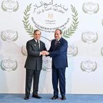 Egyptian President Abdel Fattah El-Sisi receiving Prime Minister Muhammad Shehbaz Sharif upon his arrival to attend Sharm El Sheikh Peace Summit