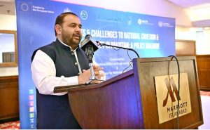 Federal Minister for National Heritage and Culture Aurangzeb Khichi addresses a policy dialogue: Prospects & Challenges to National Cohesion & Cultural Integrity in Pakistan, conducted by United Nations Office on Drugs and Crime (UNODC) & Centre of Excellence for National Cohesion and Outreach 20-21 at a local hotel.