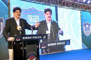 Sindh Chief Minister Syed Murad Ali Shah speaks at the inauguration ceremony of the Traffic Regulation and Citation System (TRACS) at the Central Police Office.