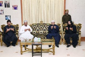 President Asif Ali Zardari offers condolences to Aftab Magsi and other family members on the death of Rais Mahboob Ali Magsi during his visit to village Allah Bakhsh Magsi near Nawabshah.
