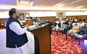 Federal Minister for National Heritage and Culture Aurangzeb Khichi addresses a policy dialogue: Prospects & Challenges to National Cohesion & Cultural Integrity in Pakistan, conducted by United Nations Office on Drugs and Crime (UNODC) & Centre of Excellence for National Cohesion and Outreach 20-21 at a local hotel.
