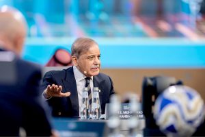 Prime Minister Muhammad Shehbaz Sharif expressing his views in a round table conference titled "Is Humanity Heading in the Right Direction" during the 9th Future Investment Initiative.