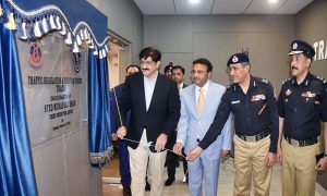 Sindh Chief Minister Syed Murad Ali Shah speaks at the inauguration ceremony of the Traffic Regulation and Citation System (TRACS) at the Central Police Office.