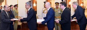 Ambassador-designate of the Kingdom of the Netherlands, Mr. Robert-Jan Siegert, Ambassador-designate of the Republic of Lebanon, Abdullaziz Issa, High Commissioner-designate of Canada, Mr. Tariq Ali Khan and High Commissioner-designate of New Zealand, Mr. David Pine presenting their credentials to President Asif Ali Zardari at Aiwan-e-Sadr