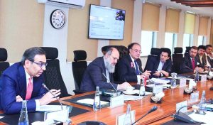Federal Minister for Finance and Revenue, Senator Muhammad Aurangzeb chairing a meeting of the Economic Coordination Committee (ECC) of the Cabinet held at Finance Division.