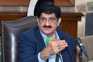 Sindh Chief Minister Syed Murad Ali Shah flanked by provincial ministers Sharjeel Memon and Sardar Muhammad Bux Mahar, addresses a press conference at CM House