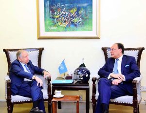 UN Secretary-General’s Special Envoy for Road Safety, Mr. Jean Todt, calls on Federal Minister for Finance and Revenue Senator Muhammad Aurangzeb at the Ministry of Finance