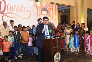 Governor Sindh, Kamran Khan Tessori, addressing the participants during the Hindu community’s Diwali festival celebrations at Governor House.