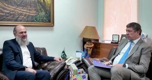 Federal Minister for Commerce Jam Kamal Khan discusses GSP Plus and trade cooperation with European Union Ambassador Raimundas Karoblis.