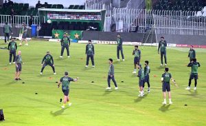 Pakistan’s players participating in a practice session ahead of the first T20 cricket match between Pakistan and South Africa at Pindi Cricket Stadium.