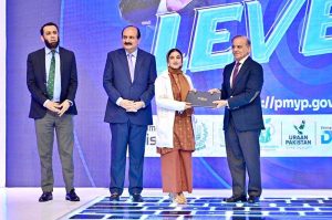 Prime Minister Muhammad Shehbaz Sharif awards laptops to high achieving students at the launching ceremony of Prime Minister's Youth Laptop Scheme 2025.
