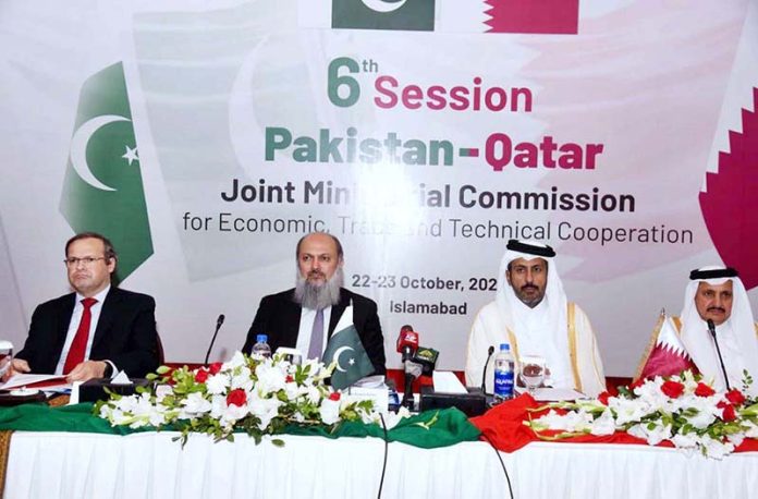 Federal Minister for Commerce, Jam Kamal Khan, and Qatar’s Minister for Commerce and Industry, Sheikh Faisal bin Thani bin Faisal Al Thani, co-chairing 6th Joint Ministerial Commission meeting