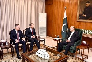 President Asif Ali Zardari talking to Mr Radosław Sikorski, Deputy Prime Minister and Minister of Foreign Affairs of Poland, at Aiwan-e-Sadr