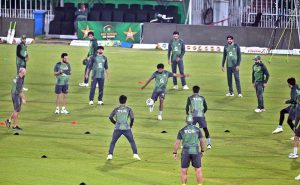 Pakistan’s players participating in a practice session ahead of the first T20 cricket match between Pakistan and South Africa at Pindi Cricket Stadium.