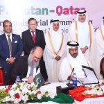Federal Minister for Commerce, Jam Kamal Khan, and Sheikh Faisal bin Thani bin Faisal Al Thani, Minister of Commerce and Industry of the State of Qatar, sign the Protocol of the 6th Pakistan-Qatar Joint Ministerial Commission