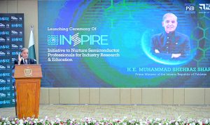 Prime Minister Muhammad Shehbaz Sharif addresses the launching ceremony of Inspire, an Initiative by Ministry of Information Technology to nurture Semiconductor professionals for industry research and education.