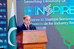 Prime Minister Muhammad Shehbaz Sharif addresses the launching ceremony of Inspire, an Initiative by Ministry of Information Technology to nurture Semiconductor professionals for industry research and education.