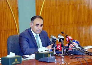 Minister of State for Railways and Finance, Bilal Azhar Kayani holding an important press conference.