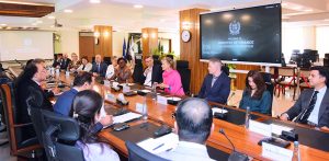 A high-level delegation from Acumen Board, led by its Founder and Chief Executive Officer Ms. Jacqueline Novogratz, accompanied by Mr. Poul Carsten Stendevad, President and Chief Investment Officer, and Dr. Ayesha Khan, Chief Executive Officer, Acumen Pakistan, called on Federal Minister for Finance and Revenue, Senator Muhammad Aurangzeb, at the Finance Division.