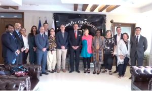 A high-level delegation from Acumen Board, led by its Founder and Chief Executive Officer Ms. Jacqueline Novogratz, accompanied by Mr. Poul Carsten Stendevad, President and Chief Investment Officer, and Dr. Ayesha Khan, Chief Executive Officer, Acumen Pakistan, called on Federal Minister for Finance and Revenue, Senator Muhammad Aurangzeb, at the Finance Division.