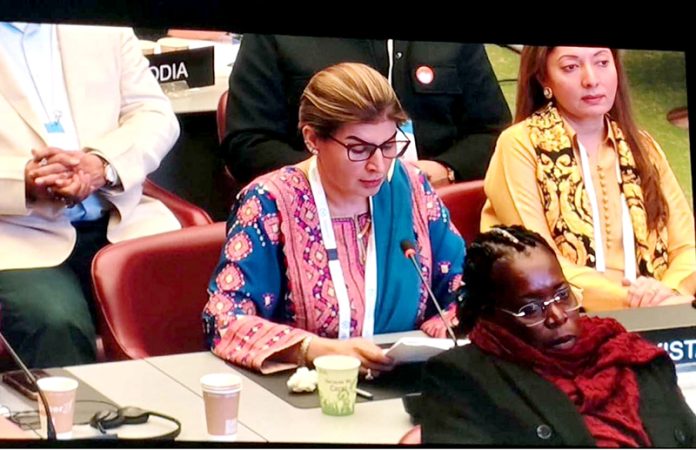 Senator Samina Mumtaz Zehri, Chairperson Of Senate Functional Committee On Human Rights addressing during the Forum Of Women Parliamentarians' panel discussion on Transforming Leadership: overcoming new Challenges To Gender Equality at 151st Inter-Parliamentary Union Assembly (IPU)