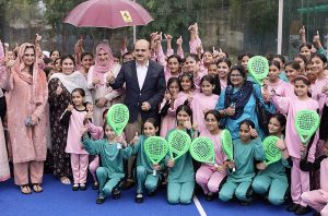 Secretary Ministry of Inter-Provincial Coordination, Mohyuddin Ahmed Wani, poses for a group photo with students and teachers after inaugurating the Pedal Court at Islamabad Model School for Girls (IMSG) F-7/2, as part of his special initiative to promote sports activities in educational institutions.
