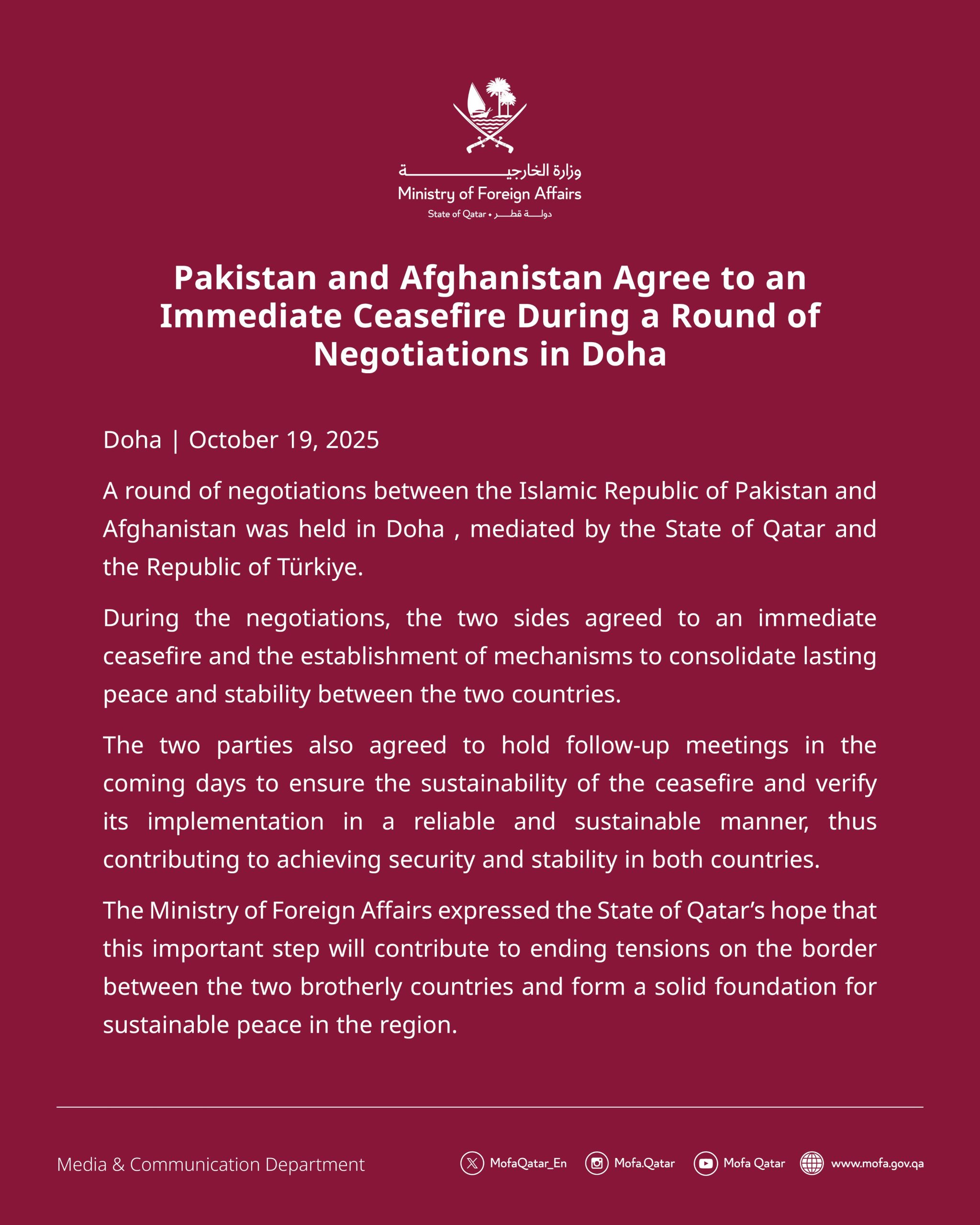 Pakistan, Afghanistan agree to immediate ceasefire; next talks round on Oct 25