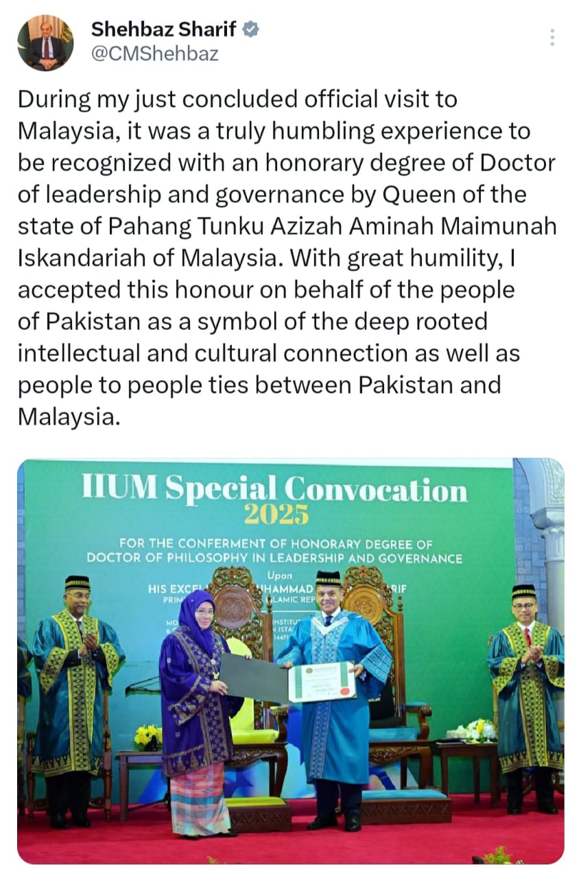 PM Shehbaz honored with doctorate at IIUM; calls for academic collaboration, Muslim unity