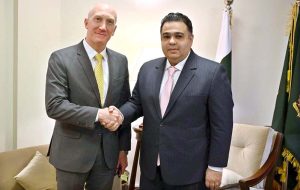 Special Assistant to Prime Minister on Digital Media Fahd Haroon shakes hand with Ambassador of Lebanon to Pakistan H.E. Abdulaziz Issa at Prime Minister's Office.