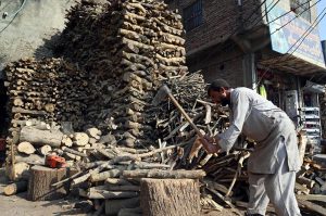 Labourer busy cutting wood into pieces for sale at his workplace in the Federal Capital.