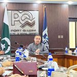 Federal Minister for Maritime Affairs Muhammad Junaid Anwar Chaudhry addressing a ceremony marking Port Qasim's recognition as the world's ninth most improved container port