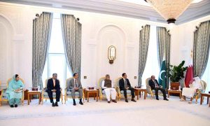 President Asif Ali Zardari in a meeting with His Highness Sheikh Tamim bin Hamad Al Thani, Amir of the State of Qatar at the Amiri Palace.