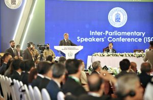 Prime Minister Muhammad Shehbaz Sharif addressing the inaugural session of Inter-Parliamentary Speakers’ Conference (ISC) “Peace, Security and Development”. APP/ADZ/MAF/TZD