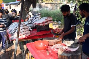 A vendor sells fresh fish along Saidpur Road