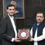 Muhammad Asim Khichi, Managing Director of the Associated Press of Pakistan (APP) presenting a shield to Ahmad Noroozi, Vice President of Islamic Republic of Iran Broadcasting (IRIB) and Head of the IRIB World Service during a visit by a high-level delegation of the IRIB at the APP Headquarters.