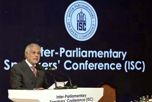 Deputy Prime Minister and Foreign Minister Senator Mohammad Ishaq Dar addressing the Inter-Parliamentary Speakers’ Conference (ISC).