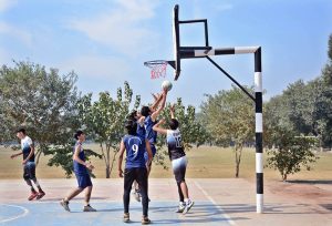 A view of basketball match played between Central College Multan and Punjab College Multan teams during Intercollegiate Basketball Tournament 2025-26 at BISE Ground.