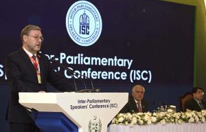 Deputy Speaker Federation Council of Russia Konstantin Kosachev addressing the Inter-Parliamentary Speakers’ Conference (ISC).