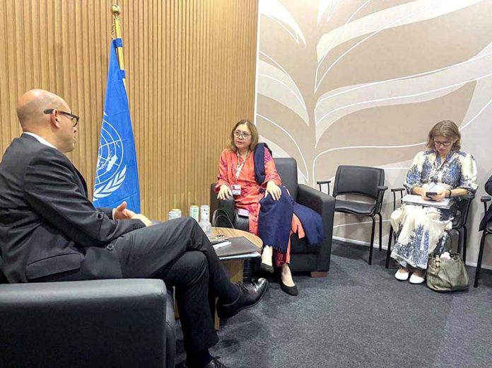 Chief Executive of the UNFCCC Secretariat Simon Stiell calls on Pakistan's head of delegation to COP-30, Secretary Ministry of Climate Change and Environmental Coordination (MoCC&EC), Ms Aisha Humera Chaudhry at the UN Climate Summit (COP30) venue in Amazonian city of Belem in Brazil