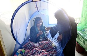 Dengue patients receiving treatment in the dengue ward at Civil Hospital as the city faces a sharp rise in dengue cases amid an alarming surge in infections
