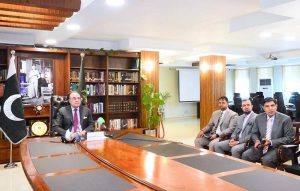 Federal Minister for Finance and Revenue delivers a virtual address as Chief Guest at the inaugural session of the Pakistan International Maritime Expo & Conference (PIMEC), organized by the Pakistan Navy and Ministry of Maritime Affairs at the Expo Centre Karachi