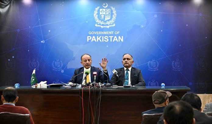 Federal Minister for Climate Change and Environmental Coordination, Senator Musadik Masood Malik and Chairman National Disaster Management Authority (NDMA) Lieutenant General Inam Haider Malik addressing a press conferences at PID Media Center