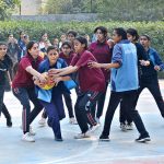 A view of basketball match played between Govt. Junior Model Girls Higher Secondary School Multan and Govt Girls Modal High School Multan teams during Inter school Basketball Tournament 2025-26 at BISE Ground.