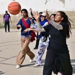 A view of basketball match between Shah Latif Girls College and ISRA Foundation School teams during 5th Hyderabad Olympic Games at Board Stadium.