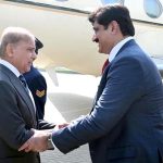 Chief Minister Sindh Syed Murad Ali Shah receiving Prime Minister Muhammad Shehbaz Sharif upon his arrival