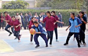 A view of basketball match played between Govt. Junior Model Girls Higher Secondary School Multan and Govt Girls Modal High School Multan teams during Inter school Basketball Tournament 2025-26 at BISE Ground.